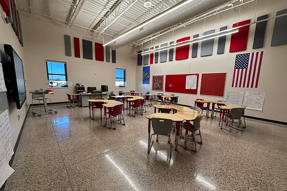 Student desks in a classroom