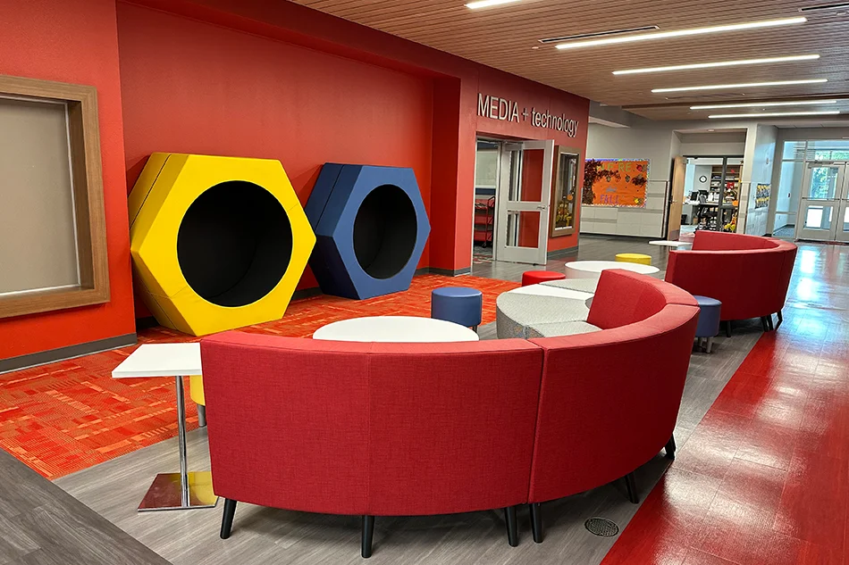Round couches in a student sitting area