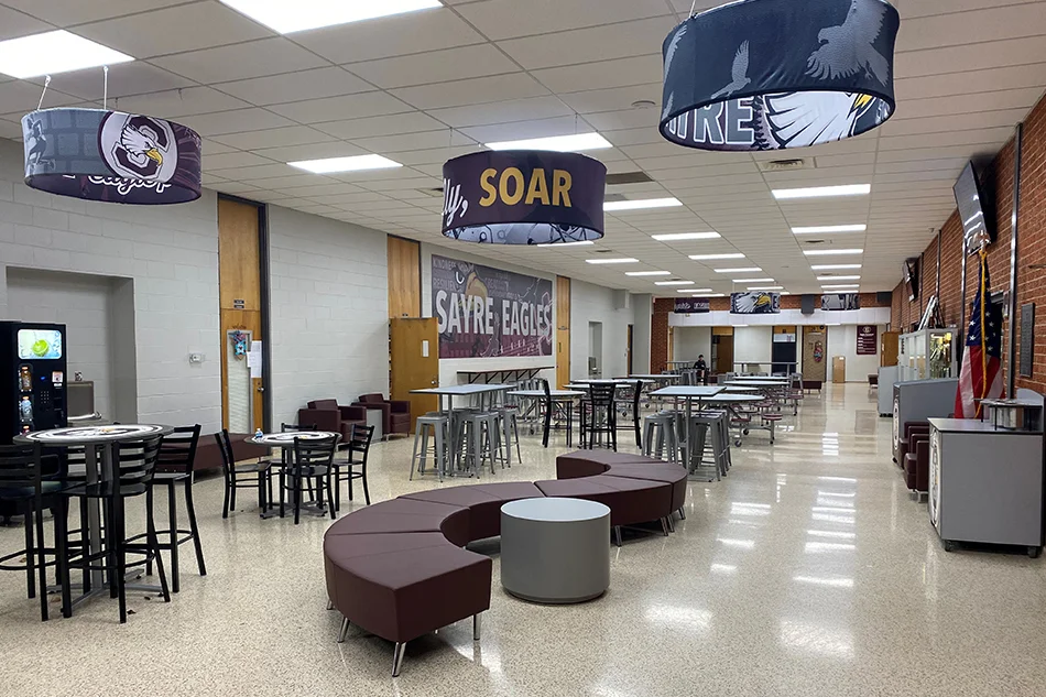 Various student seating in a school's common area