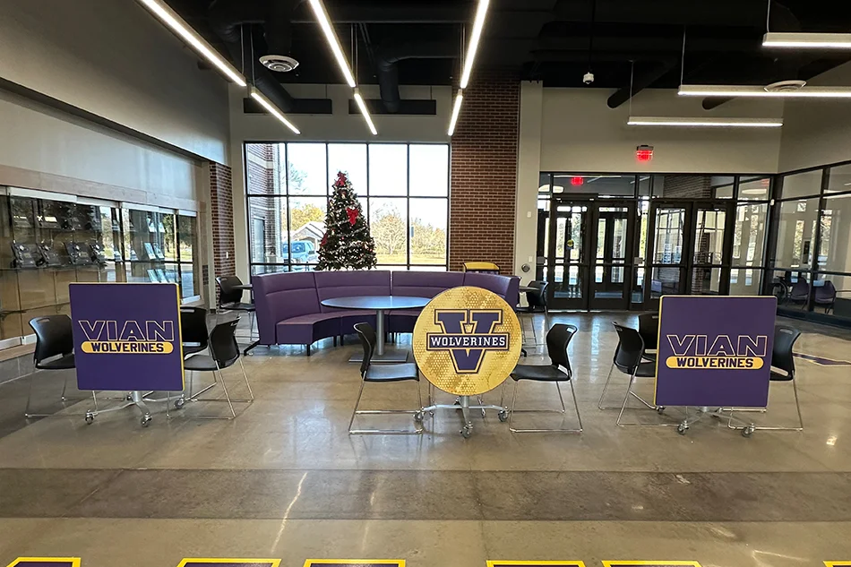 Student seating in a common area at Vian schools.