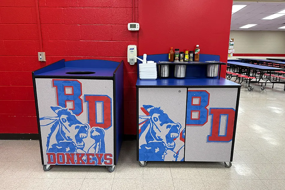 Outdoor red student tables