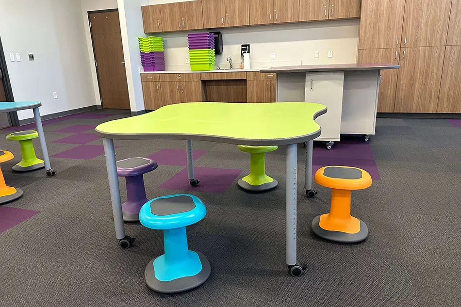 Outdoor red student tables