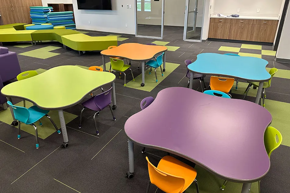 Student desks in a classroom