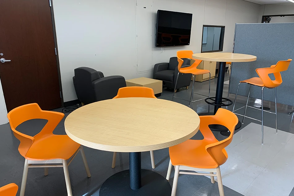 Student desks in a classroom