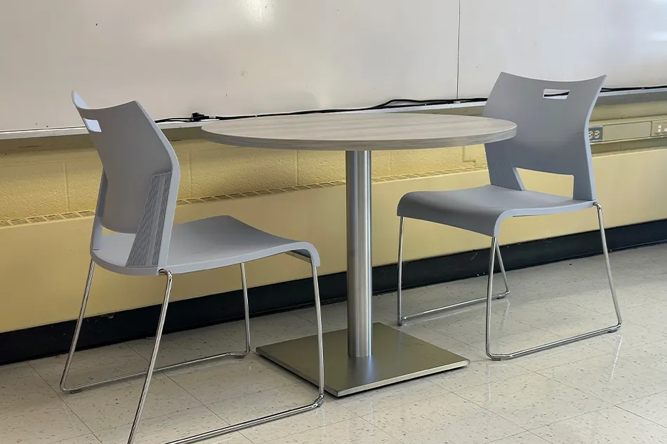 Student desks in a classroom