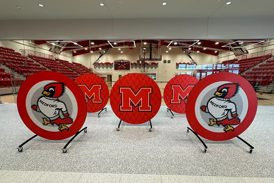 A curved couch in a student common area