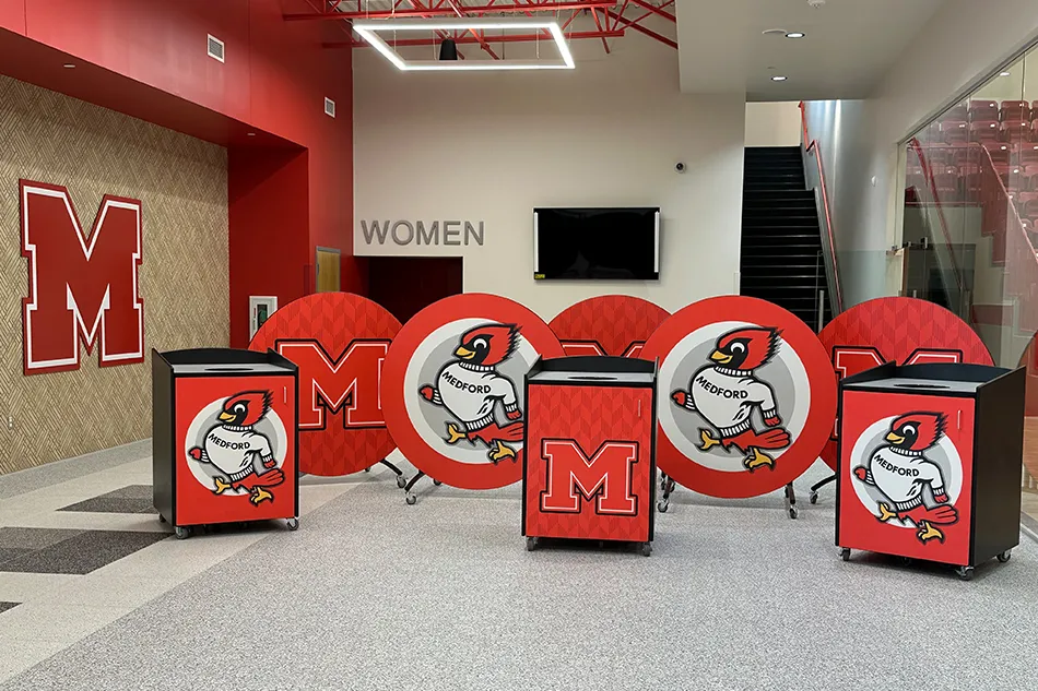 Outdoor red student tables