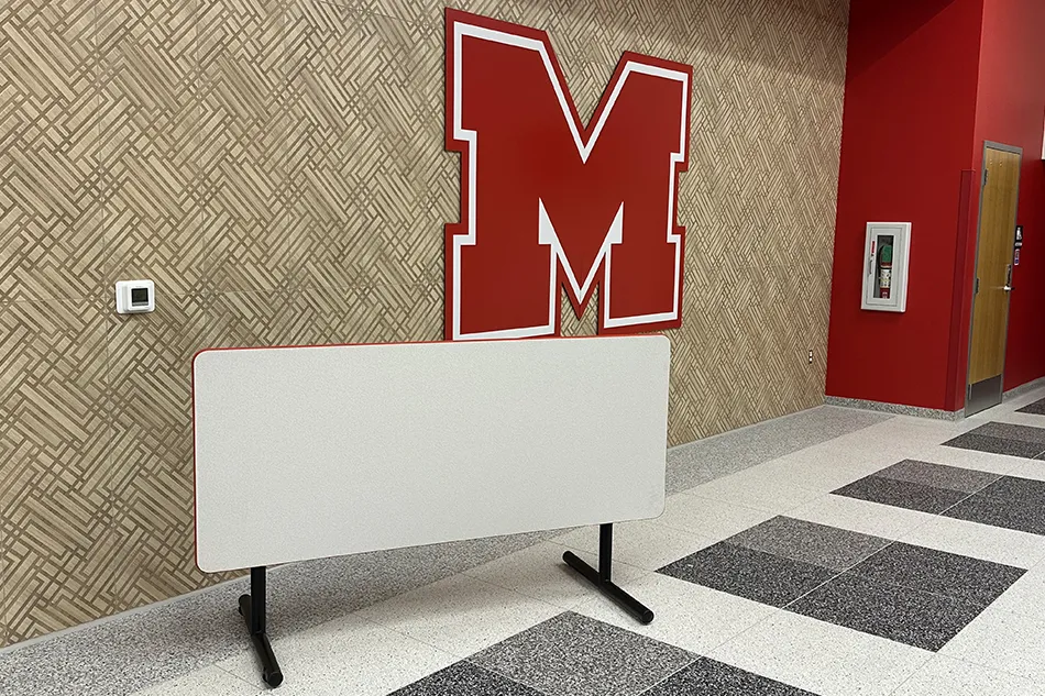 Student desks in a classroom